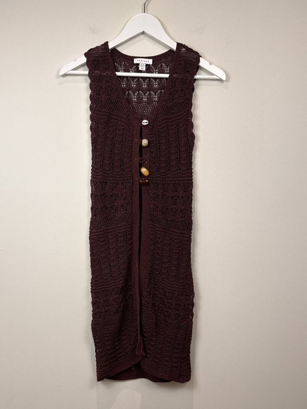 Topshop Womens US 0-2 UK XS Brown Crochet Open Knit Novelty Button Long Vest